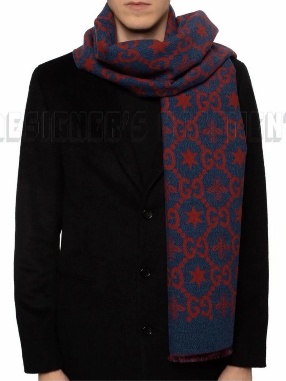 Gucci Navy Blue & Burgundy GG Pattern Wool Scarf